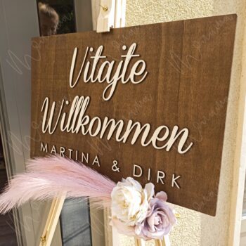 Drevená uvítacia tabuľa "Vitajte na našej svadbe" & "Willkommen" - Image 4