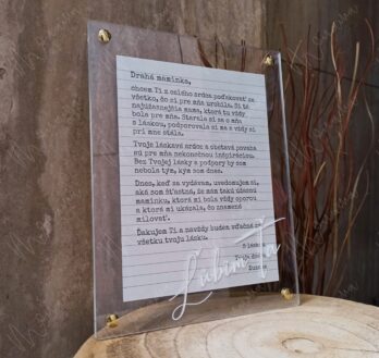 Svadobné akrylové poďakovanie s listom a nápisom „Ďakujem“ – darček pre rodičov